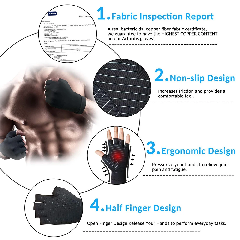 Cosy copper compression gloves designed to relieve arthritis pain and keep hands warm