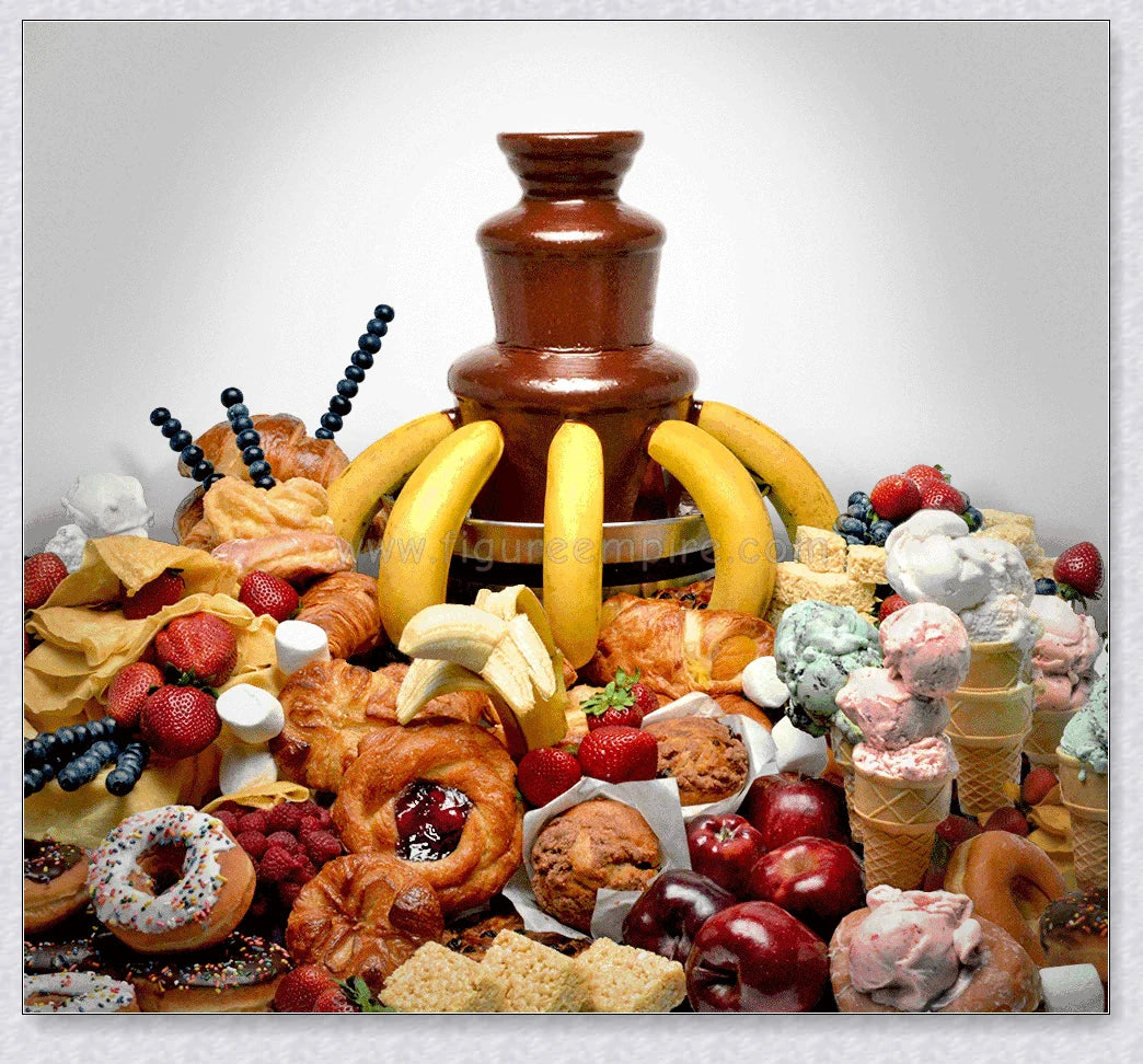 A 3-tier chocolate fondue fountain creating a mesmerizing chocolate waterfall, perfect for dipping a variety of sweet treats.