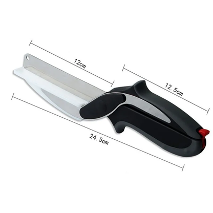 A premium stainless steel cutting board with an integrated knife for efficient meal preparation