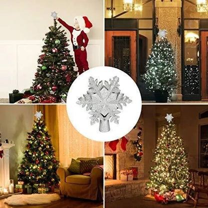 Sparkling Snow Flurry Christmas Tree Topper with 3D star design, LED projector, and rotating multicolour patterns