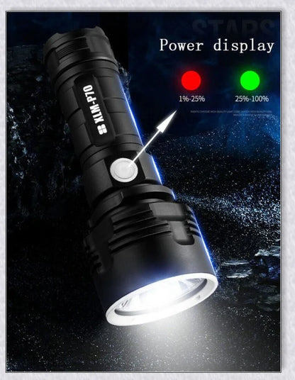 The Shadowhawk Flashlight, a high-powered LED flashlight with a maximum output of 90,000 lumens, providing exceptional illumination for various outdoor and emergency situations.