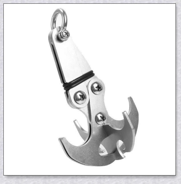 Sturdy stainless steel grappling hook with gravity-powered jaws, designed for outdoor adventures and survival in New Zealand