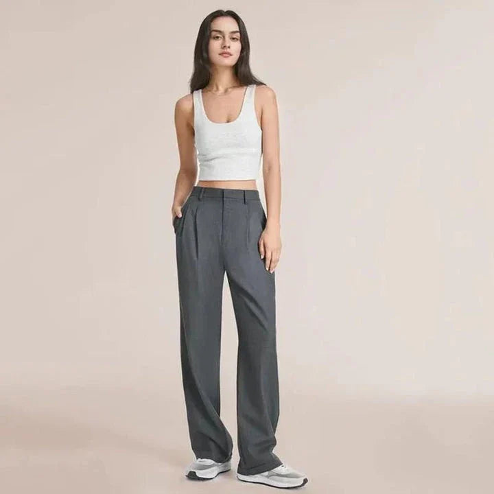 Elegant wide leg trousers for Kiwi women in a gray blue color, featuring a high-waist design and straight leg silhouette