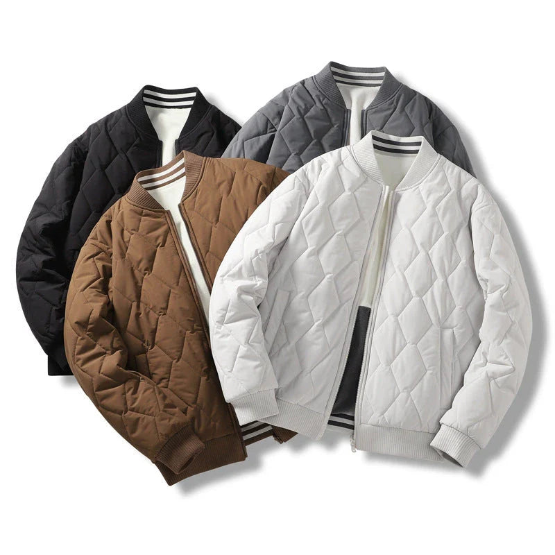 Reversible cotton jacket with baseball collar in caramel, white, black, and gray colors