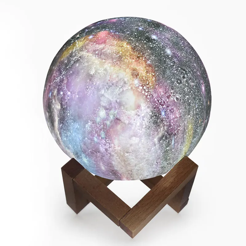 A 3D printed moon lamp with 16 colour options and a remote control, creating a stunning celestial ambiance in a living room.