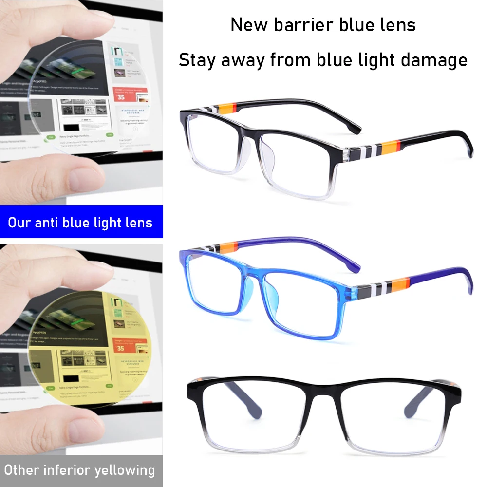 Fashionable Anti-Blue Light Ultra Comfortable Reading Glasses with sleek, stylish frames in a variety of colours