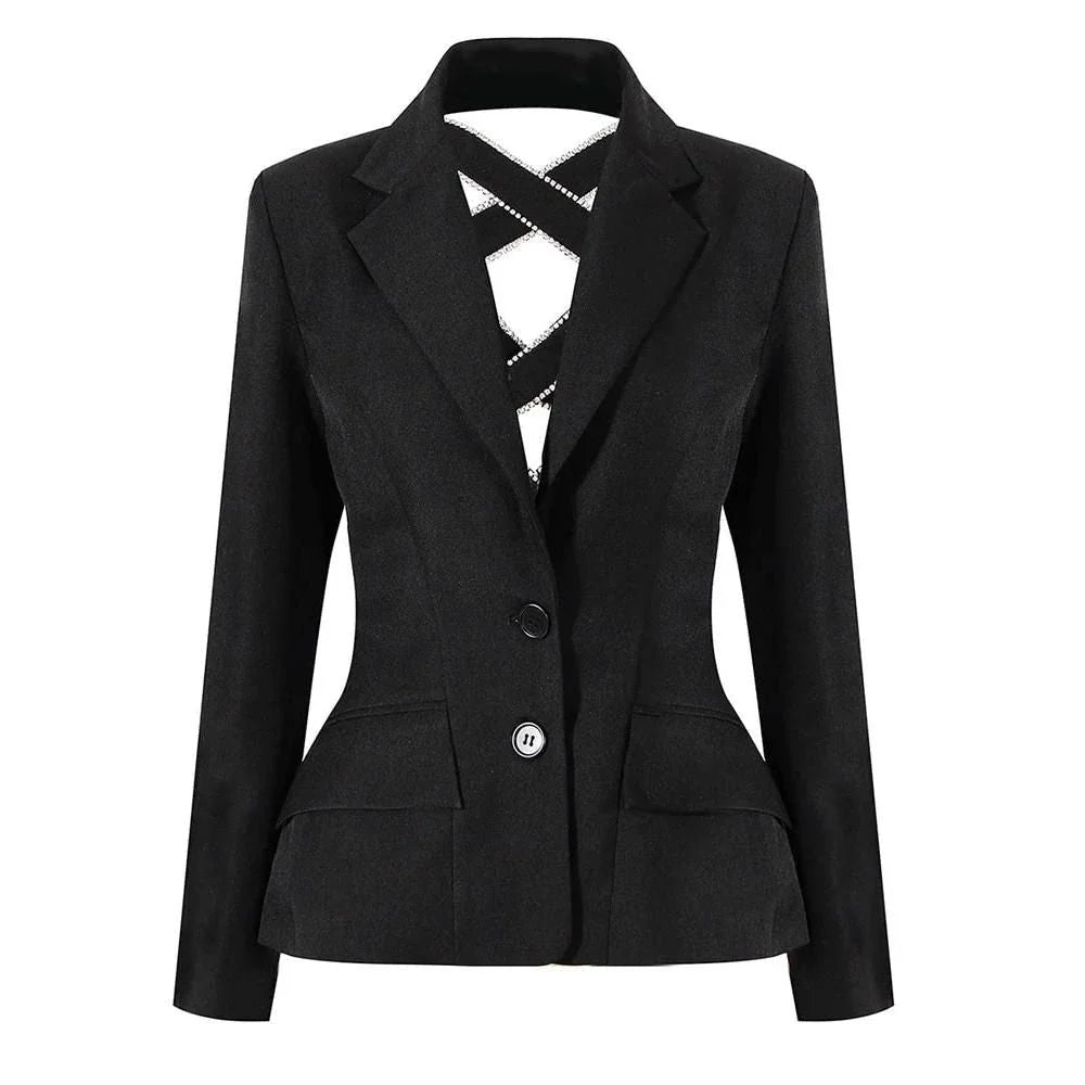 A stylish women's blazer with diamond embellishments and a bow tie collar, designed to elevate your fashion game.