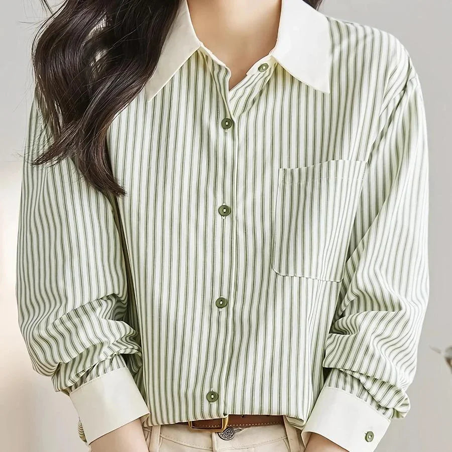 Stylish green striped chiffon blouse for women, featuring a classic striped pattern, turn-down collar, and flowing, comfortable fit.