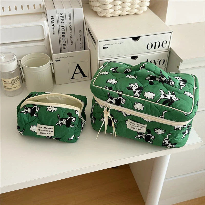 Adorable dog and sheep patterned cotton bag in two sizes: small and large, made of high-quality durable cotton with a secure zipper closure.