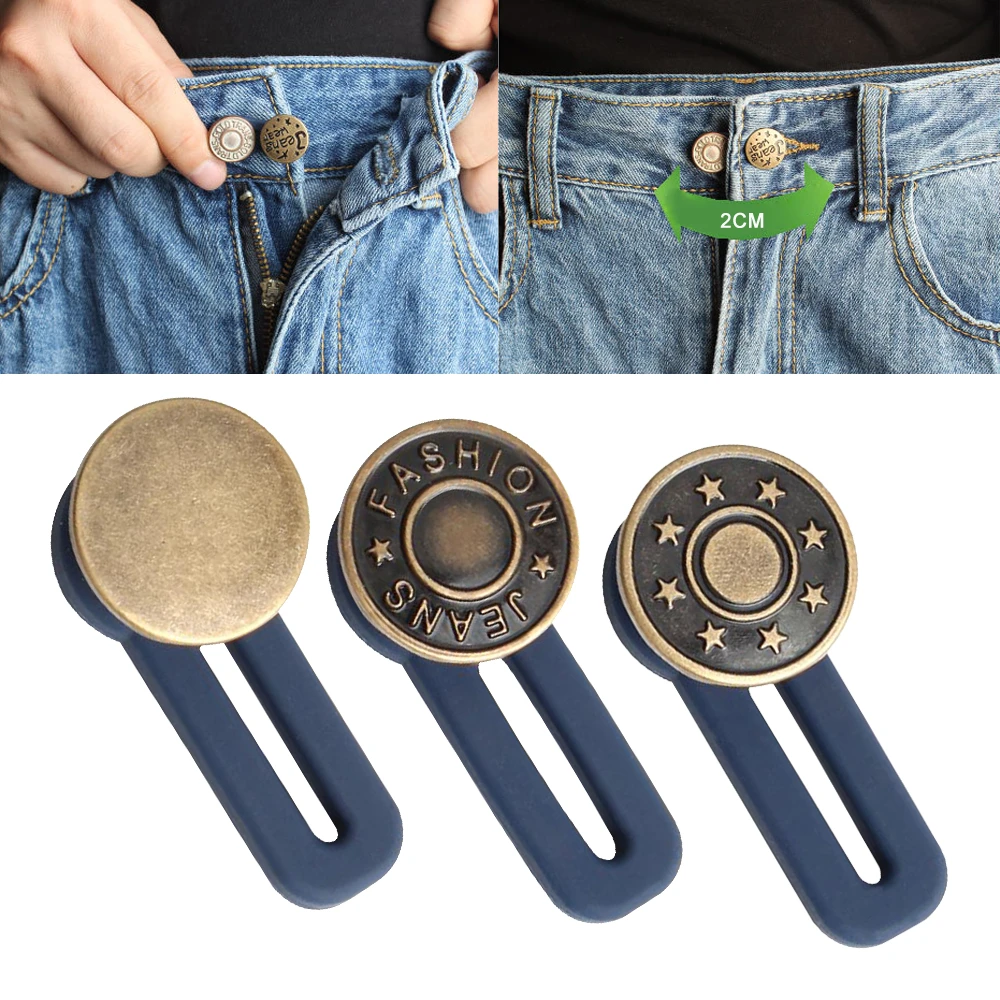 Adjustable metal buttons in various colors for customizing the fit of jeans and pants