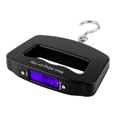 A black, compact digital fishing scale with a stainless steel hook for weighing caught fish.