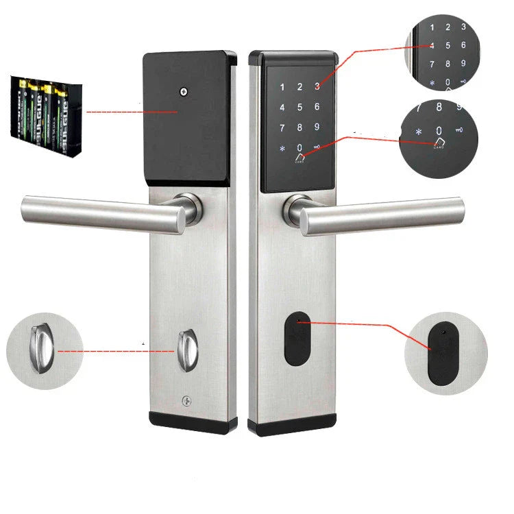 A sleek, stainless steel smart lock with a touchscreen panel and mobile app integration for remote access and control.