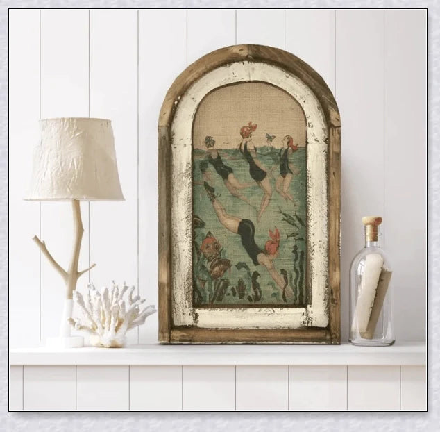 Charming swimming wall art featuring a serene coastal scene, perfect for adding a touch of Kiwi charm to your bathroom or living space