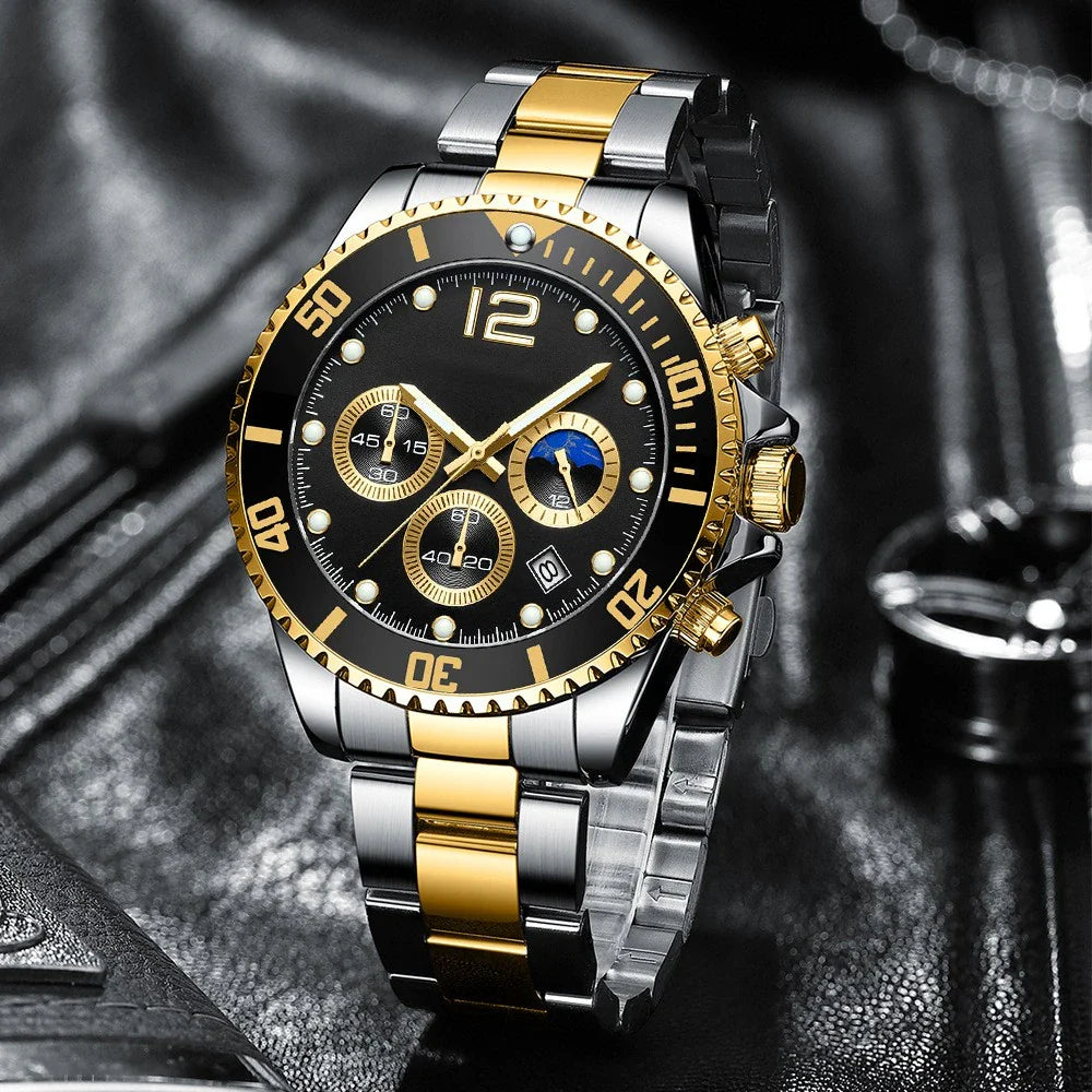 Stylish steel band watch with six needles, featuring a sleek design, night light, calendar, and water resistance up to 30 metres.