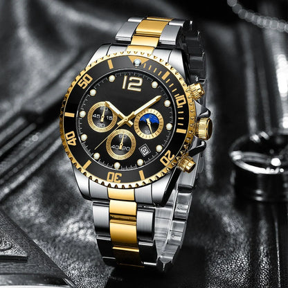 Stylish steel band watch with six needles, featuring a sleek design, night light, calendar, and water resistance up to 30 metres.