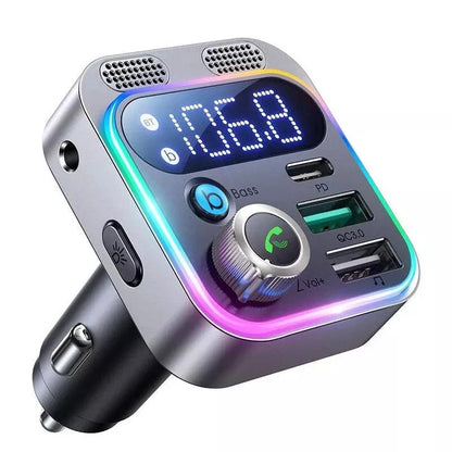 Bluetooth 5.3 FM Transmitter with Dual Mics, Booming Bass, and Fast Charging for Enhanced Driving Experience