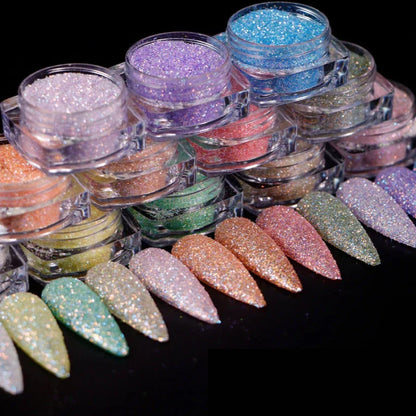 Trendha's 12-Box Iridescent Sugar Nail Glitter Powder Set featuring a collection of vibrant, candy-colored glitter powders