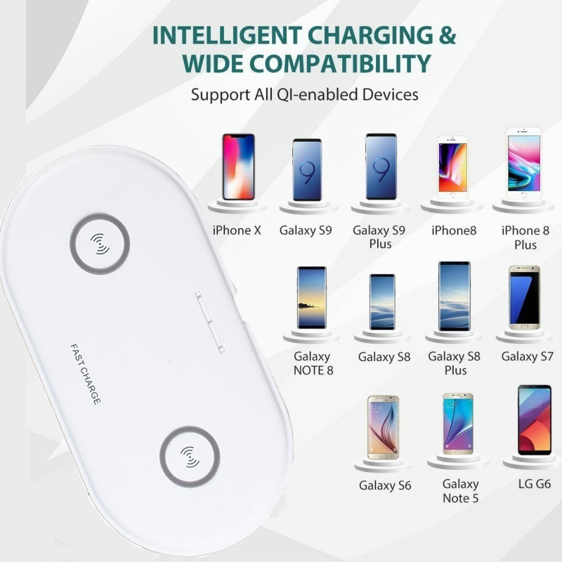 Dual-coil Qi wireless charging pad with silicone base and multiple color options