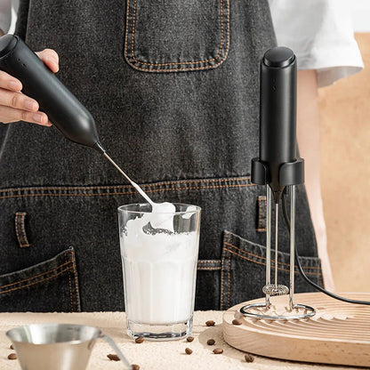 Powerful USB-rechargeable milk frother for creating barista-quality foam at home