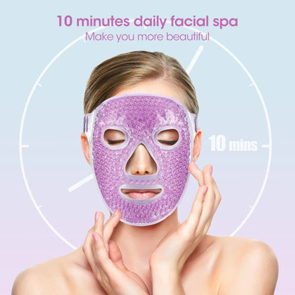 A purple hot and cold compress beauty mask made of soft suede fabric with adjustable design for comfortable facial care.