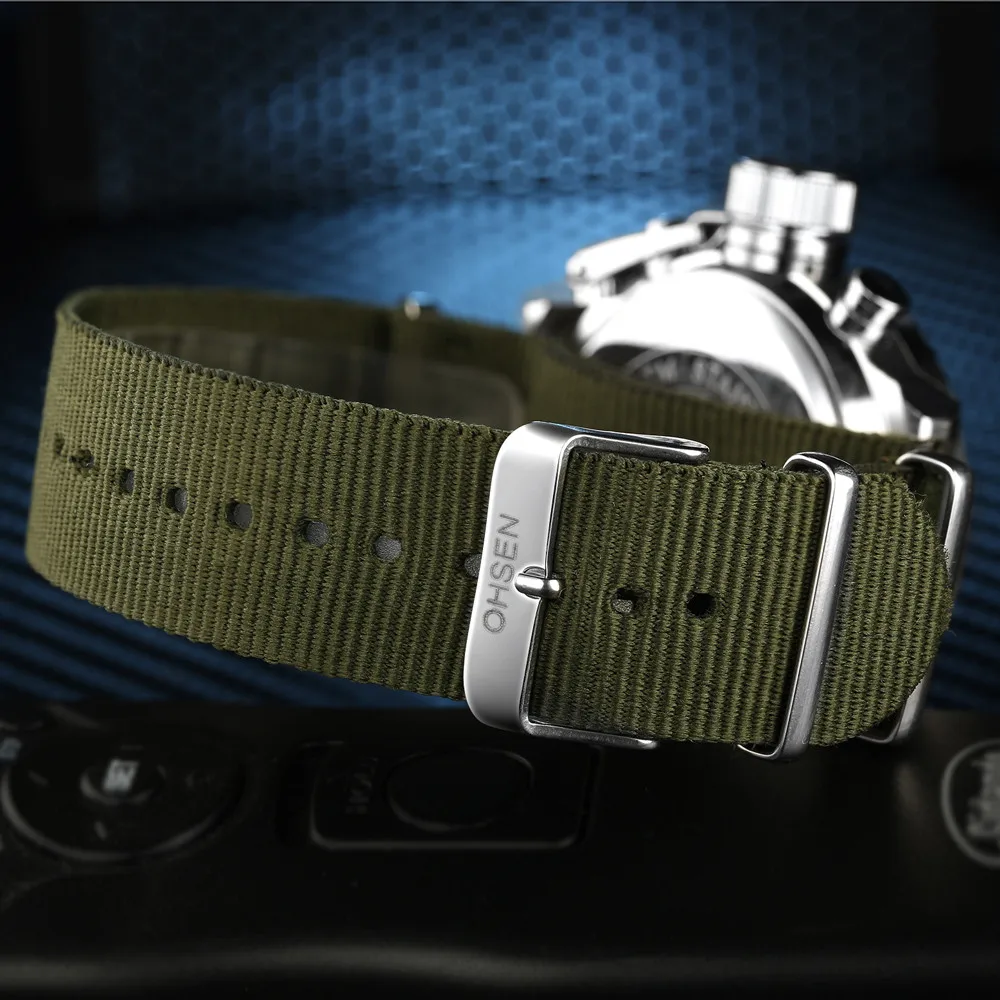 Digital Canvas Strap Army Watch with stainless steel case and canvas strap, available in black and silver colors