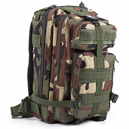 Army-inspired travel backpack with 8 camouflage patterns, featuring a spacious main compartment, adjustable straps, and breathable mesh back panel