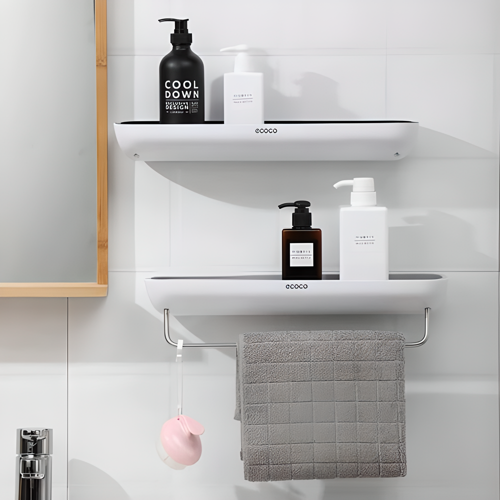 ECOCO™ Self-Adhesive Bathroom Shelf with drainage holes and stainless steel towel bar