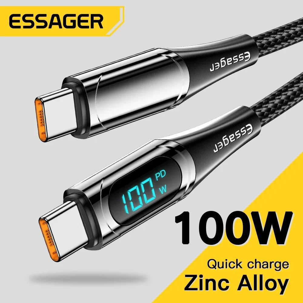 Essager Super Fast PD 100W/5A Type-C Charging Cable with Smart LED Display - Available in Black and Blue