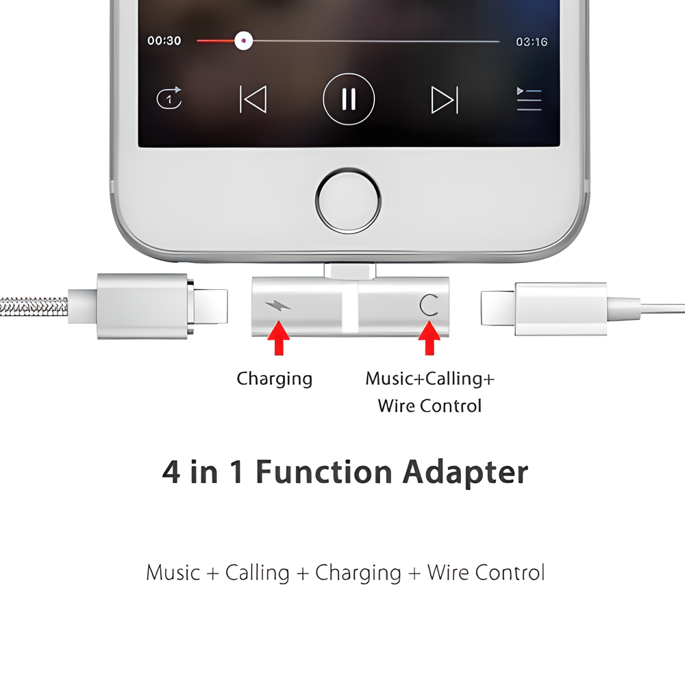 4-in-1 iPhone Lightning Adapter with charging, audio, calling, and device control capabilities