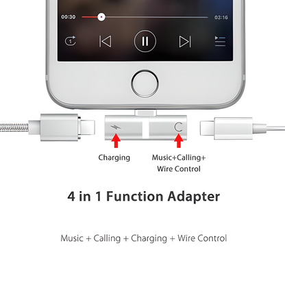 4-in-1 iPhone Lightning Adapter with charging, audio, calling, and device control capabilities