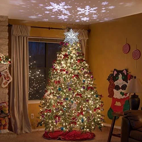 Sparkling Snow Flurry Christmas Tree Topper with 3D star design, LED projector, and rotating multicolour patterns