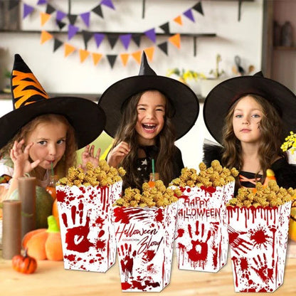 Creepop Halloween Popcorn Boxes with spooky pumpkin and blood handprint designs, perfect for Kiwi Halloween parties