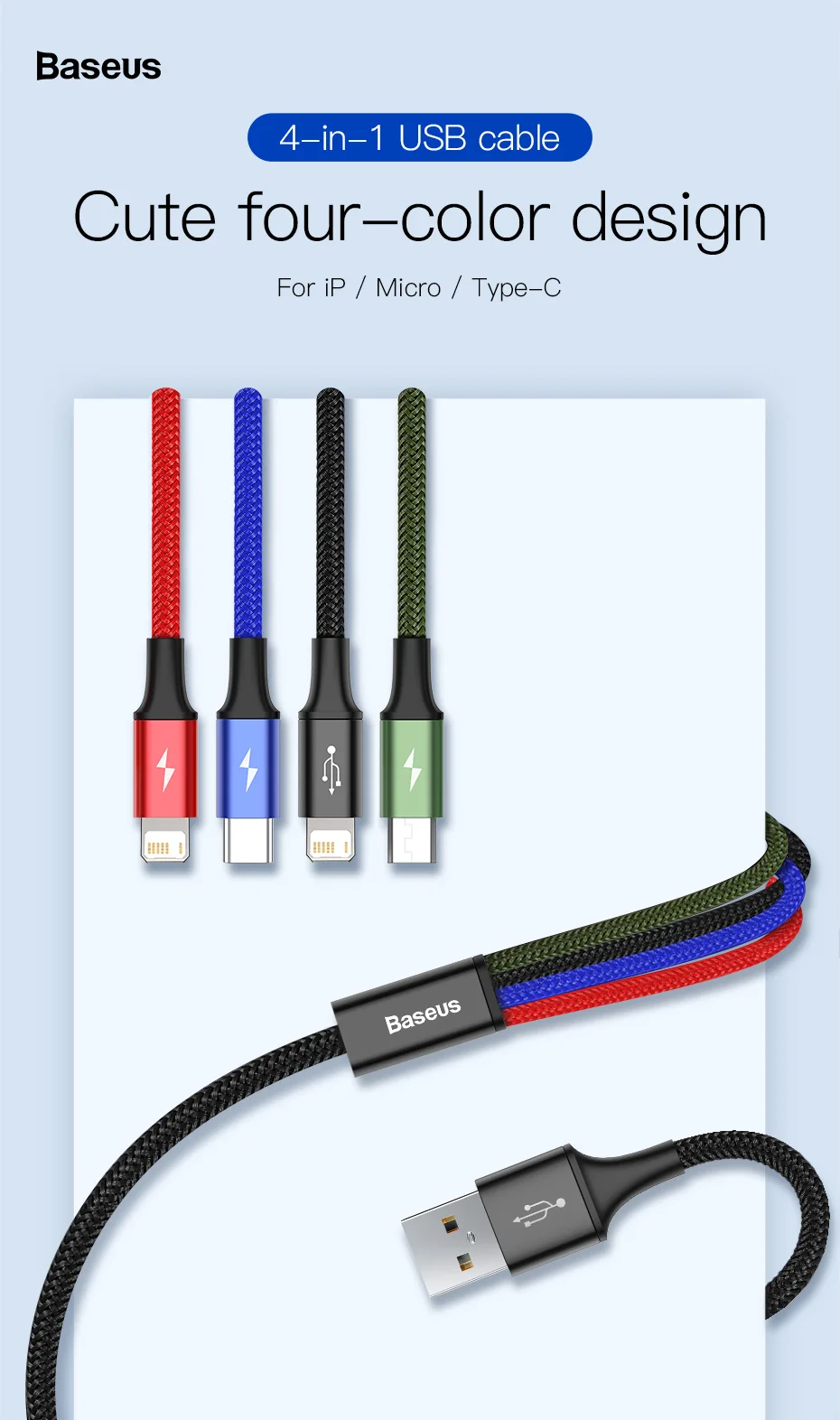 Baseus 4-in-1 Charging Cable with colour-coded connectors for iPhone, Type-C, and Micro USB devices