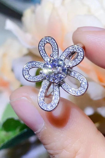 Moissanite flower-shaped open ring with 1 carat center stone and platinum plating