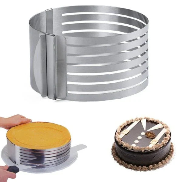 An adjustable stainless steel cake slicer with a ring that can be expanded or shrunk to fit cakes of different sizes, up to 12 inches in diameter.