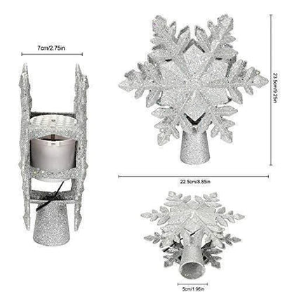 Sparkling Snow Flurry Christmas Tree Topper with 3D star design, LED projector, and rotating multicolour patterns