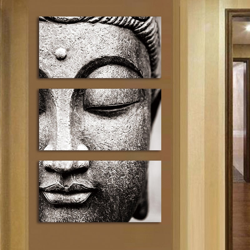 Serene 3-panel Buddha canvas wall art with a detailed, monochrome image of the Buddha's face