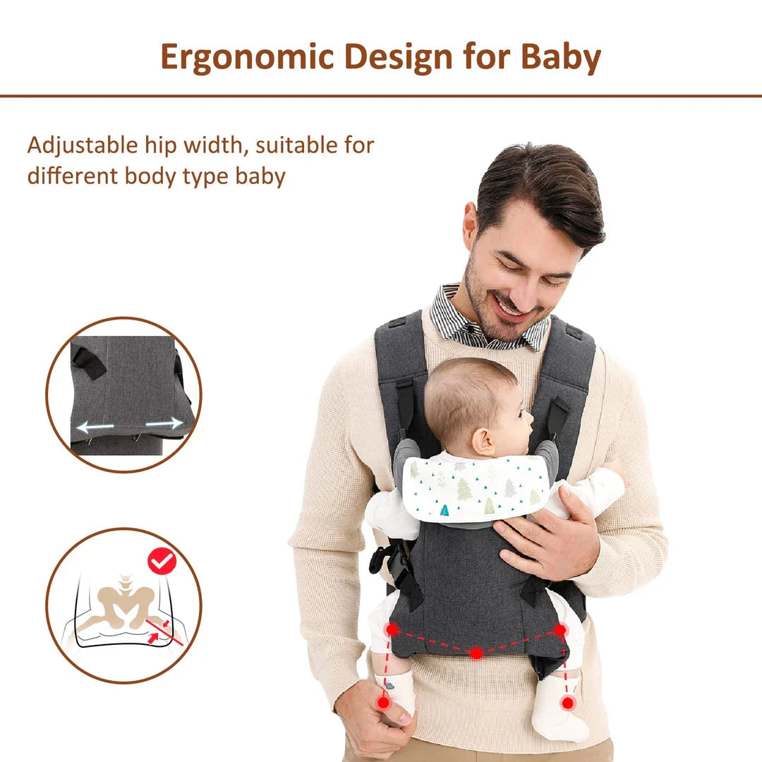 Ergonomic 4-in-1 baby carrier in gray, designed for comfort and convenience for Kiwi parents and their growing children