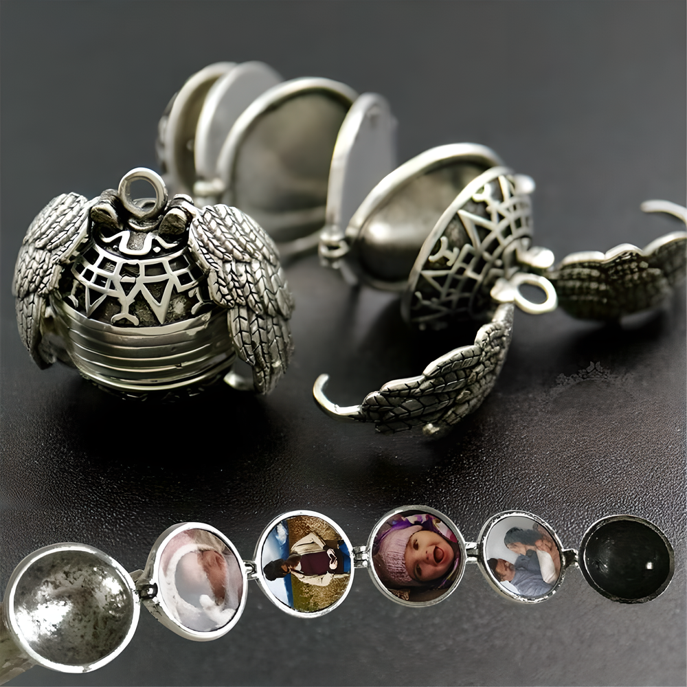 Elegant angel wings photo locket necklace in platinum plating, holds up to 6 cherished photos