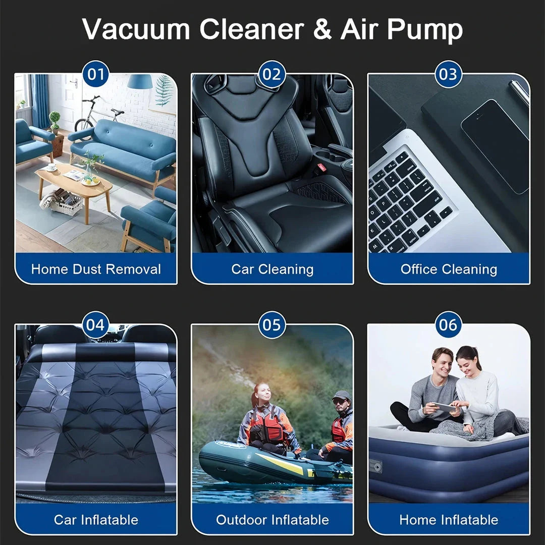 A 3-in-1 handheld vacuum cleaner and air inflator with a white housing and a cleaning brush nozzle