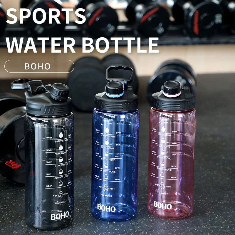 2 liter water bottle with straw, durable Tritan plastic construction, leak-proof design, time scale markings for hydration tracking