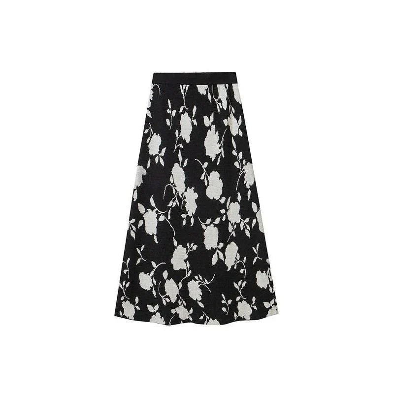 Elegant floral jacquard woollen knit skirt in a mid-calf length, designed for warmth and style during New Zealand's chilly winters.