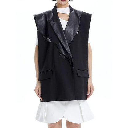 Stylish wide-shoulder PU leather patchwork waistcoat in a modern, three-dimensional design