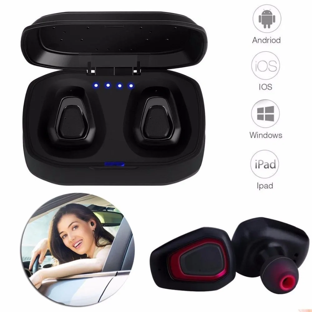 A7 Wireless Bluetooth Stereo Earbuds in black, red, and silver colors with charging case