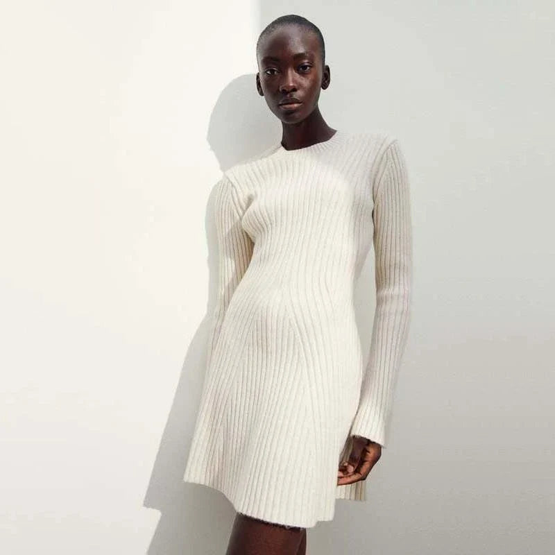 Stylish knitted o-neck mini dress in white, perfect for Kiwi fashion and seasons