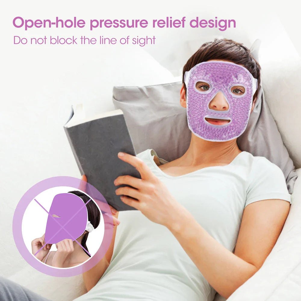 A purple hot and cold compress beauty mask made of soft suede fabric with adjustable design for comfortable facial care.