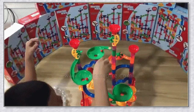 Vibrant 105-piece marble run set with tracks, tunnels, and towers for Kiwi kids to build and race marbles through