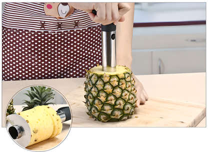 Stainless steel pineapple slicer with ergonomic handle and measurement markings for easy pineapple prep