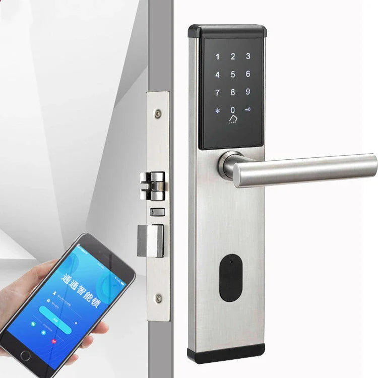 A sleek, stainless steel smart lock with a touchscreen panel and mobile app integration for remote access and control.