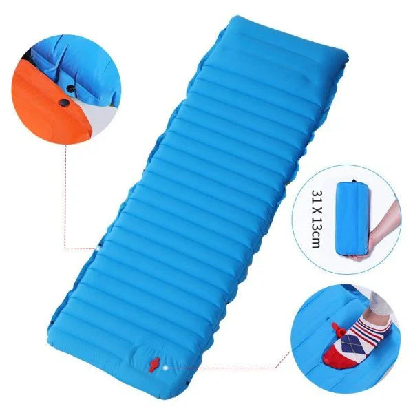 A premium inflatable camping mat with a foot-operated valve for easy setup, made of durable nylon and designed for comfortable outdoor adventures in New Zealand.